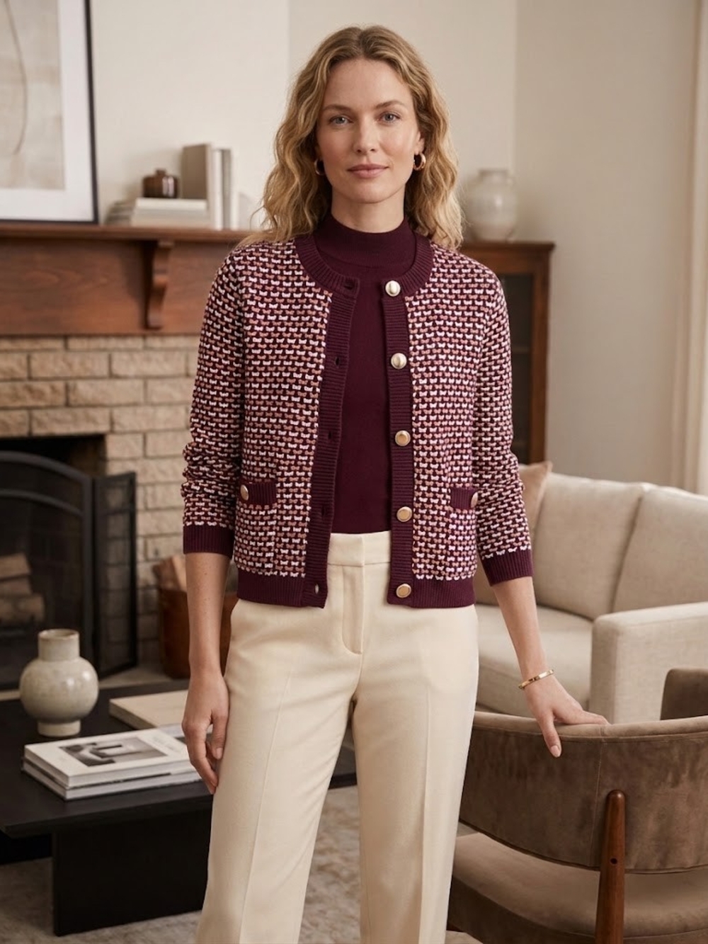 Ann Taylor Burgundy Patterned Knit Cardigan